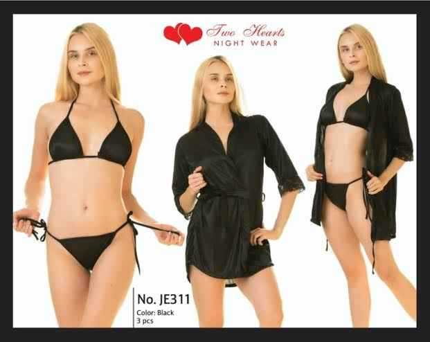 Two Hearts 3Pcs Imported Bridal Silk Nightwear & Lingerie with Short Gown for Women & Girls