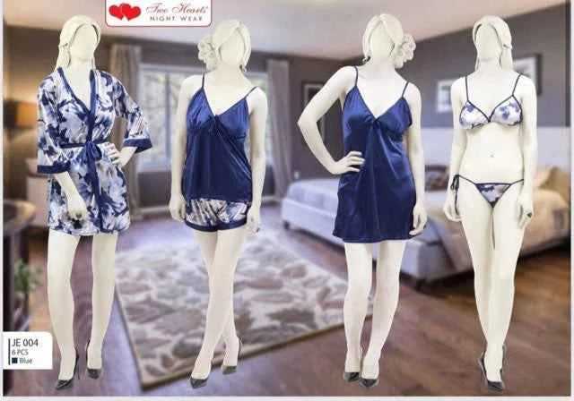 Two Hearts 7Pcs Silk Nightwear & Lingerie For Girls & Women - Blue