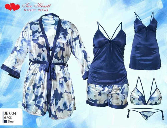 Two Hearts 7Pcs Silk Nightwear & Lingerie For Girls & Women - Blue