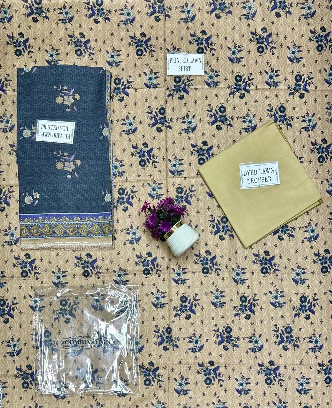 Unstitched Printed Lawn Suit Brown Floral Dobby Lawn 3pcs