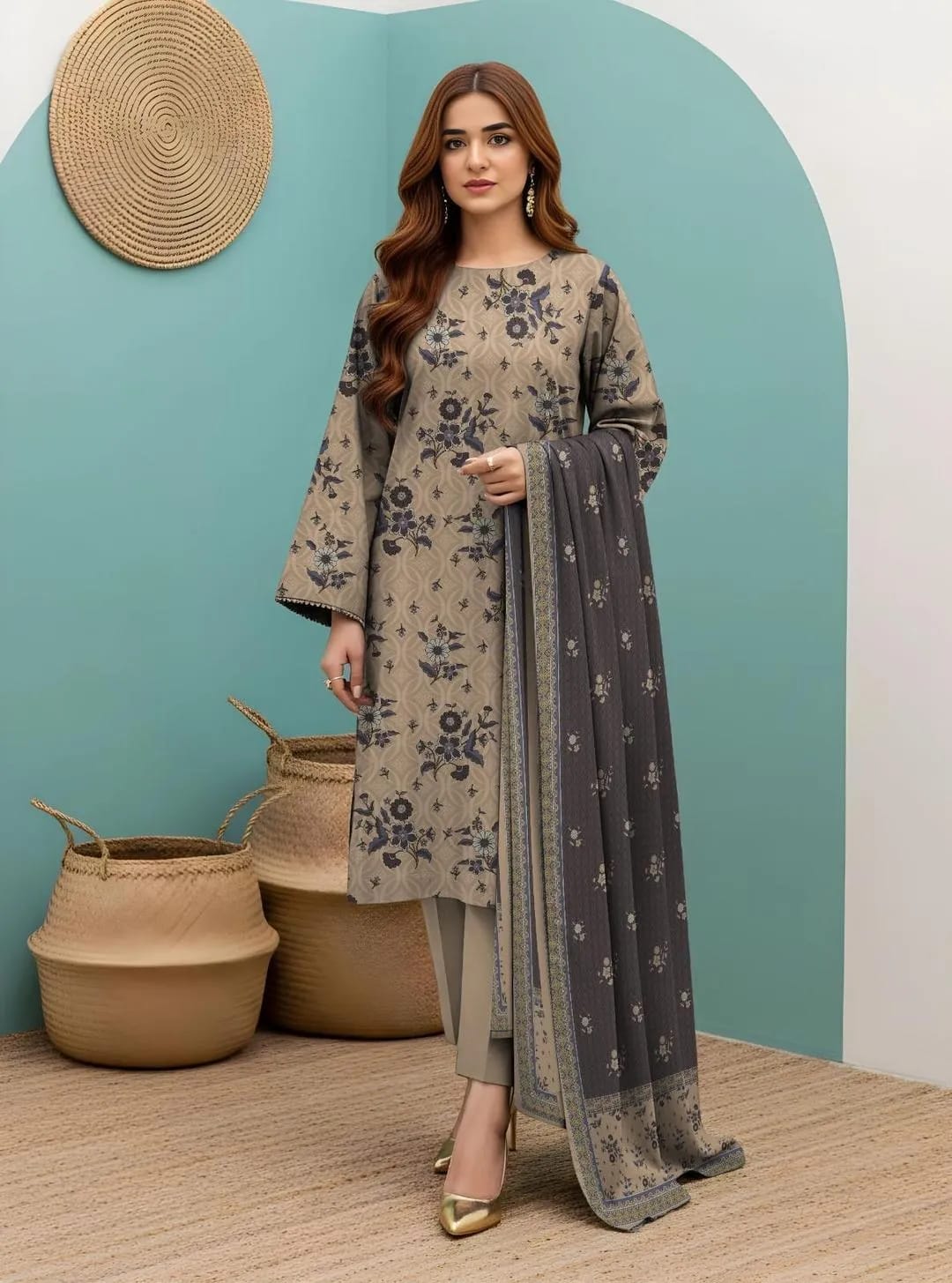 Unstitched Printed Lawn Suit Brown Floral Dobby Lawn 3pcs