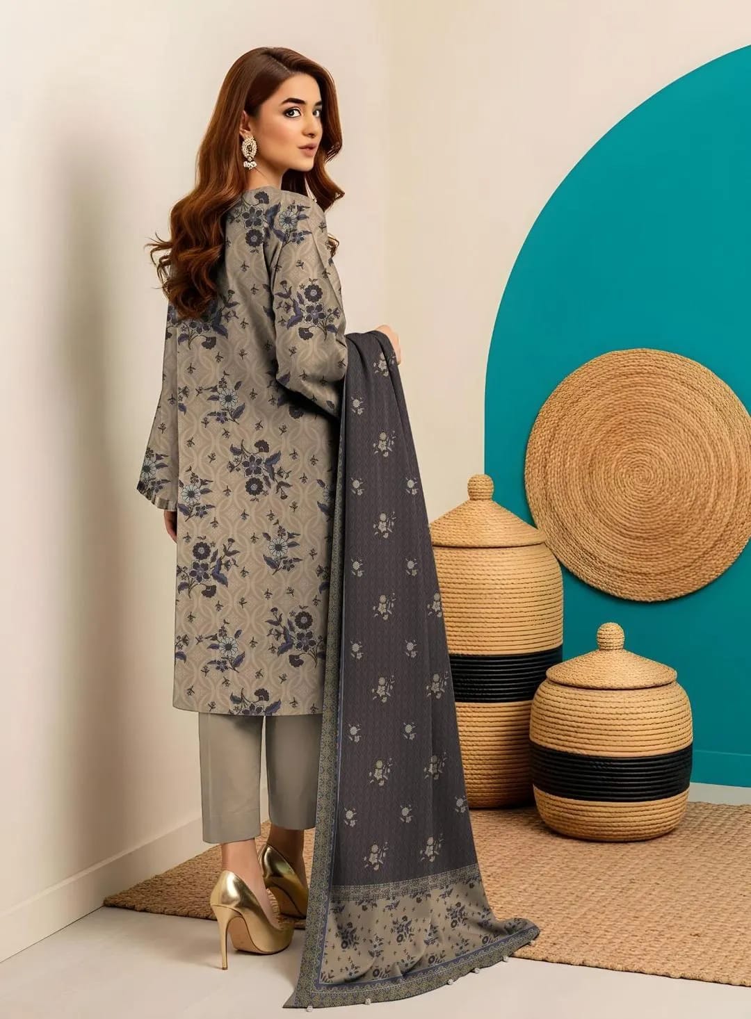 Unstitched Printed Lawn Suit Brown Floral Dobby Lawn 3pcs