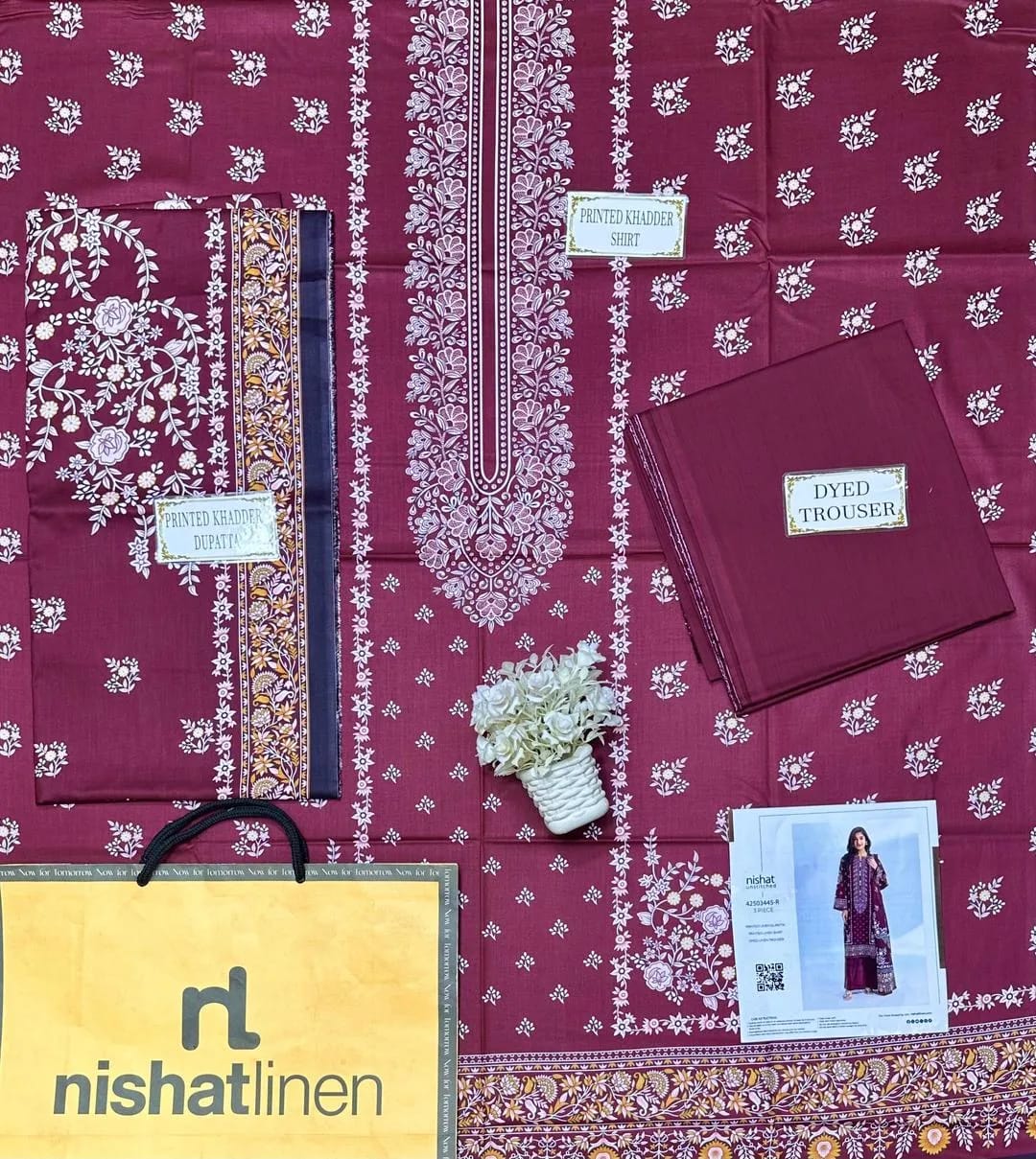Brown Printed 3 pcs Linen Suit For Women