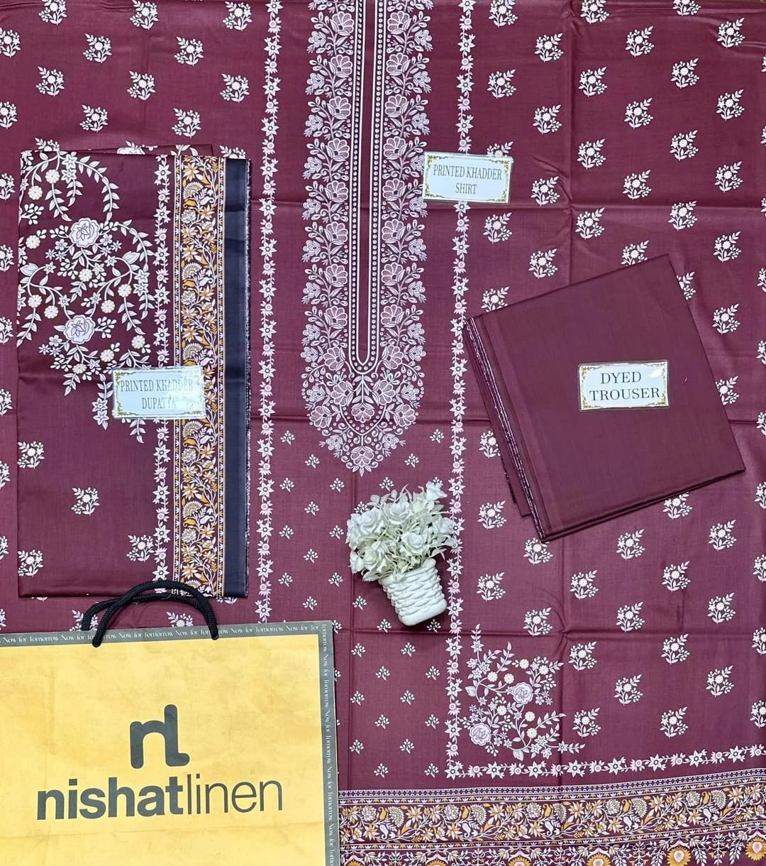 Brown Printed 3 pcs Linen Suit For Women