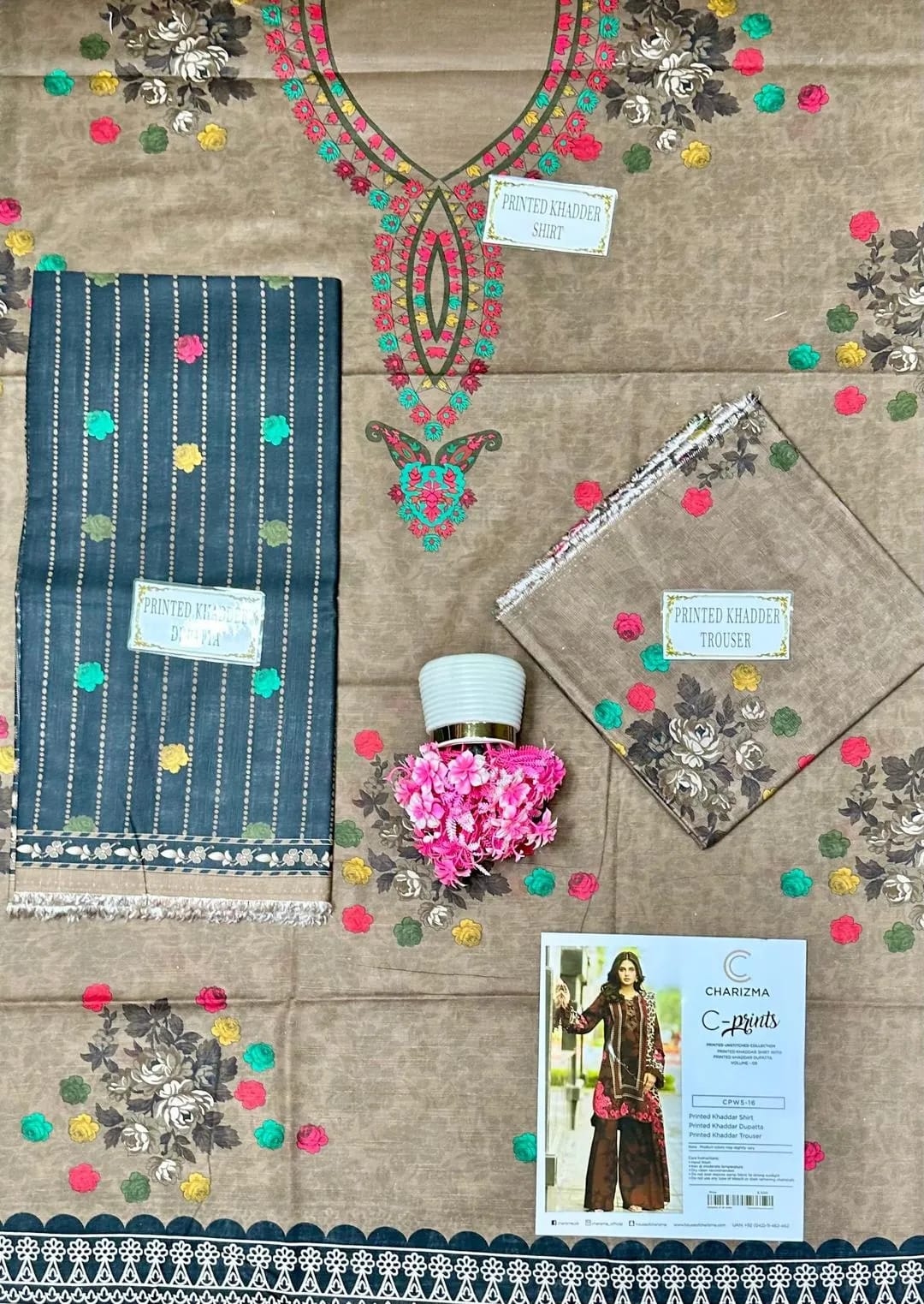 Brown Printed 3 pcs Women Suit Khaddar Unstitched