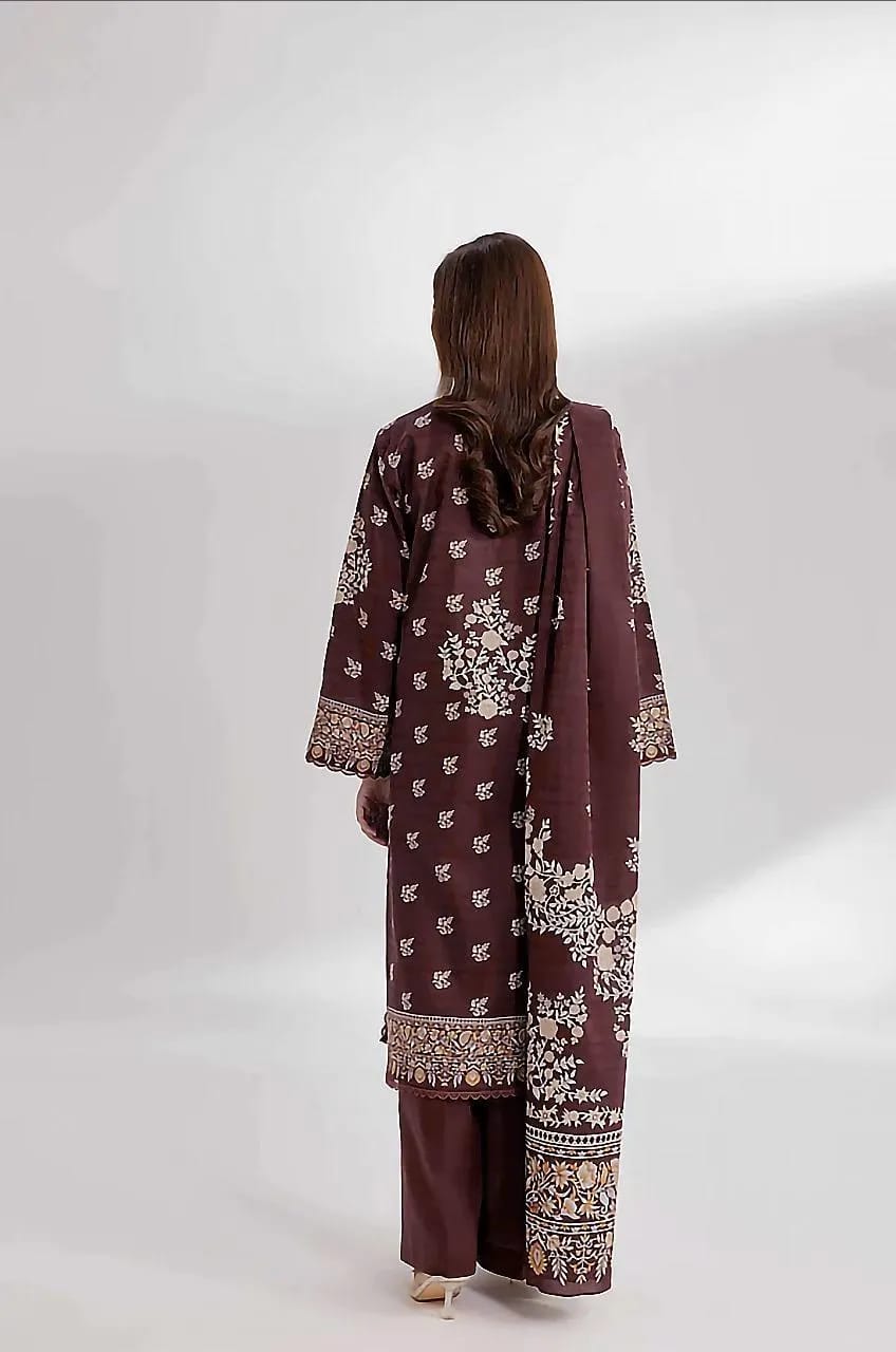 Brown Printed 3 pcs Linen Suit For Women