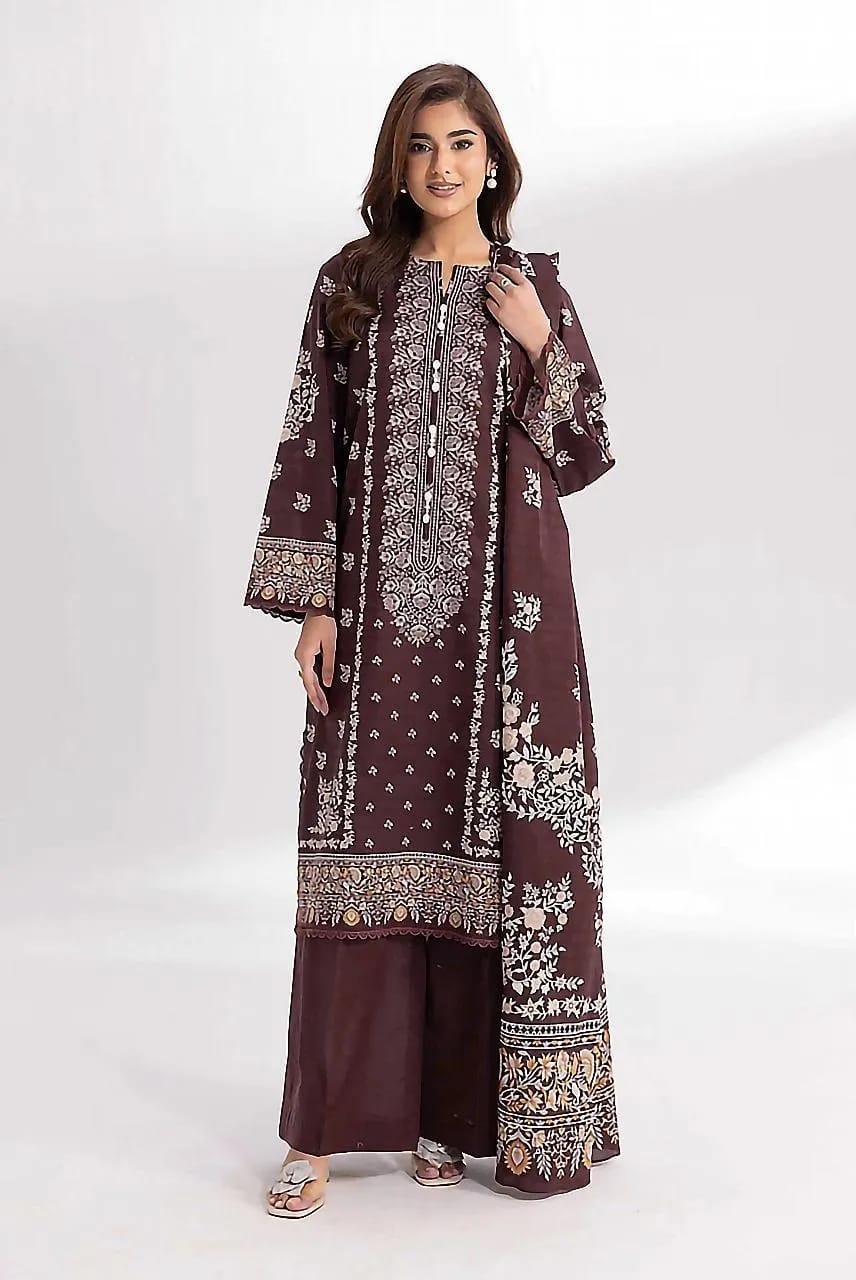 Brown Printed 3 pcs Linen Suit For Women