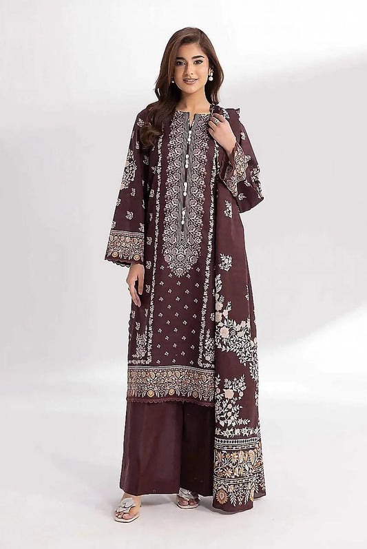 Brown Printed 3 pcs Linen Suit For Women